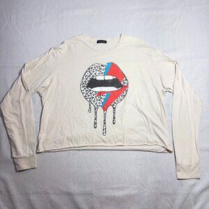 Zutter Cream Red White Blue Drippy Lips Graphic Tee Long Sleeve Crop Top Large